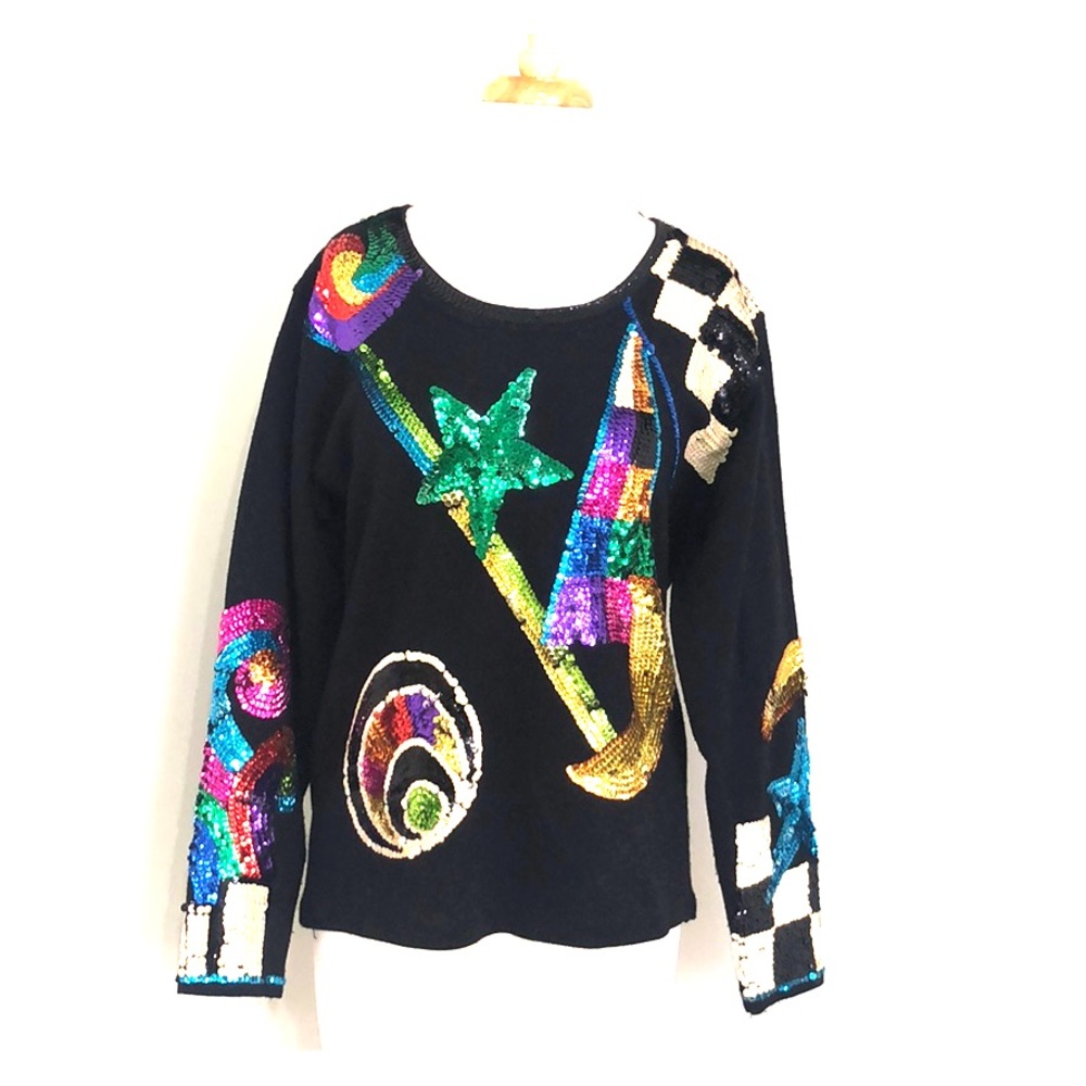Vintage OS International black long sleeve sweater with embellishments, size L